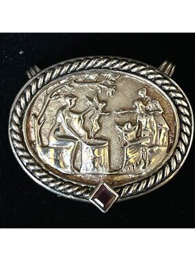 Vintage SeidenGang Sterling Silver Classical Relief Brooch Pendant Garnet 28.5g